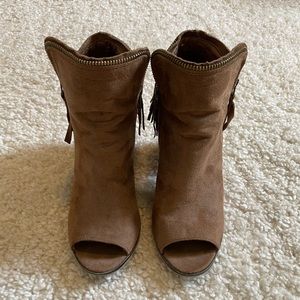 Fringe peep toe ankle boots